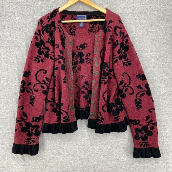 Eagle's Eye Cardigan Sweater Womens Extra Large Wool Burgandy Black Floral - Picture 1 of 13